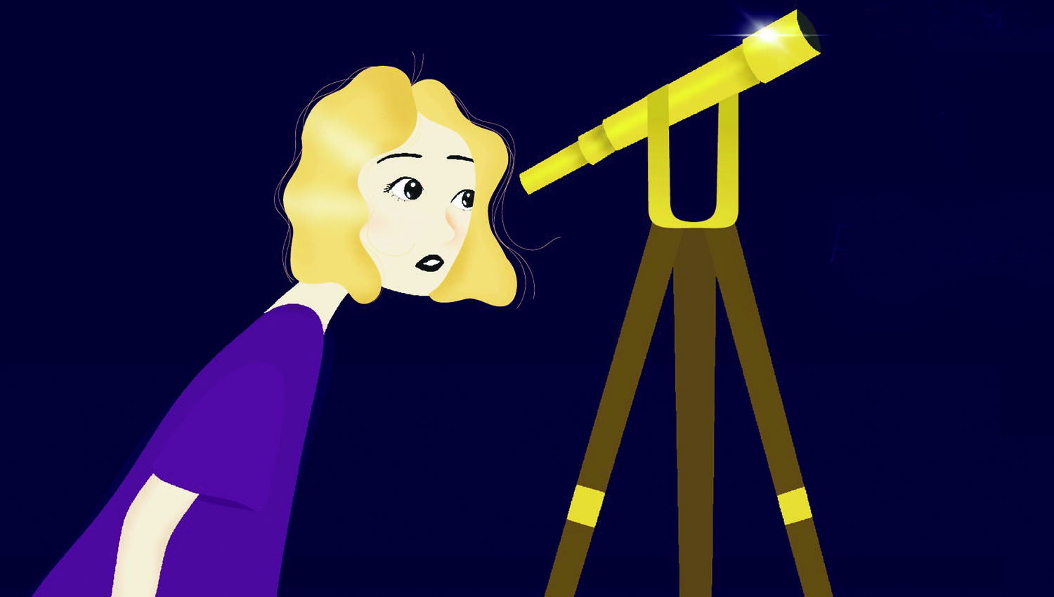 Visuel d'un dessin représetant une fillette blonde qui regarde au téléscope une comète dans l'espace