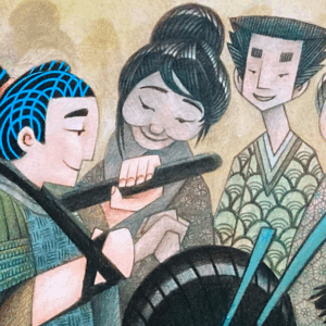 Dessins japonais illustrant l'histoire de Momotaro