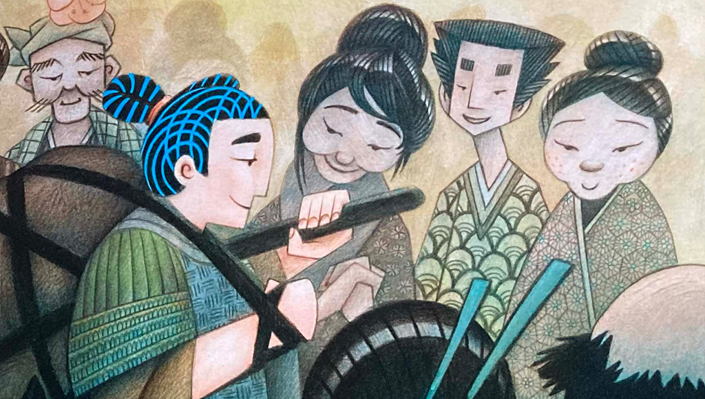 Dessins japonais illustrant l'histoire de Momotaro